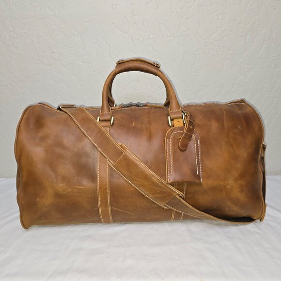 Crazy Horse 22" Distressed Brown Leather Duffle Bag With Shoe Compartment - Picture 1 of 8
